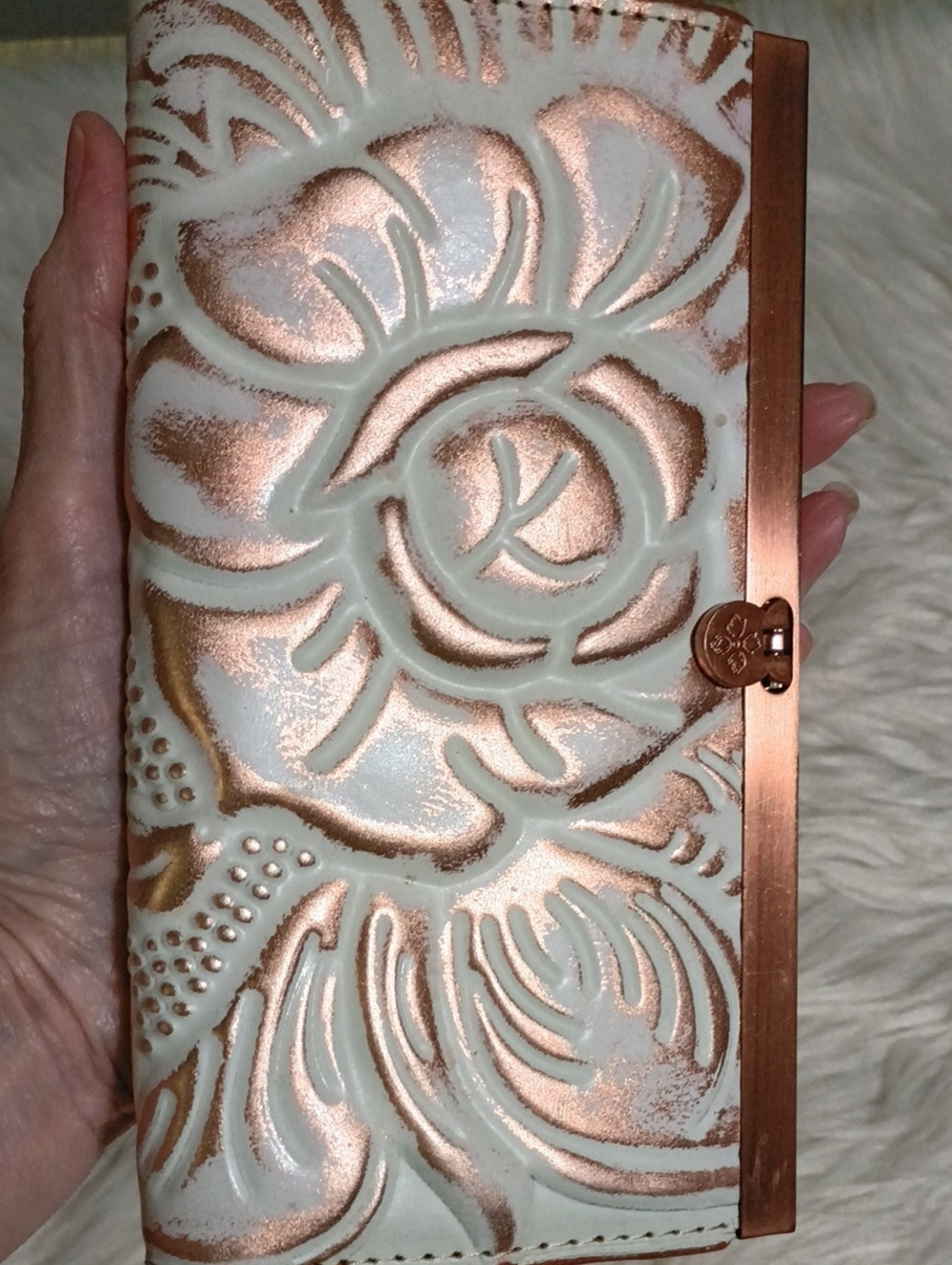 Leather embossed Floral Wallet copper Rose Gold Patricia Nash